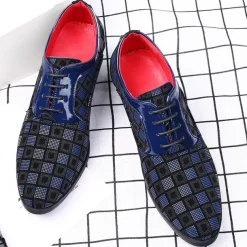 Men's Patterned Lace-Up Block Heel Dress Shoes – Blue and Black Geometric Design for Christmas Party, Formal, and Dance Events