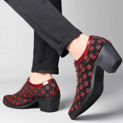 Men's Patterned Lace-Up Block Heel Dress Shoes – Blue and Black Geometric Design for Christmas Party, Formal, and Dance Events