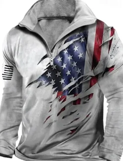 Men's Paw Veterans Zip Polo Long Sleeve Polo Shirts Turndown Zip Abstract Outdoor Casual Daily Streetwear 3D Print Fall & Winter Gray
