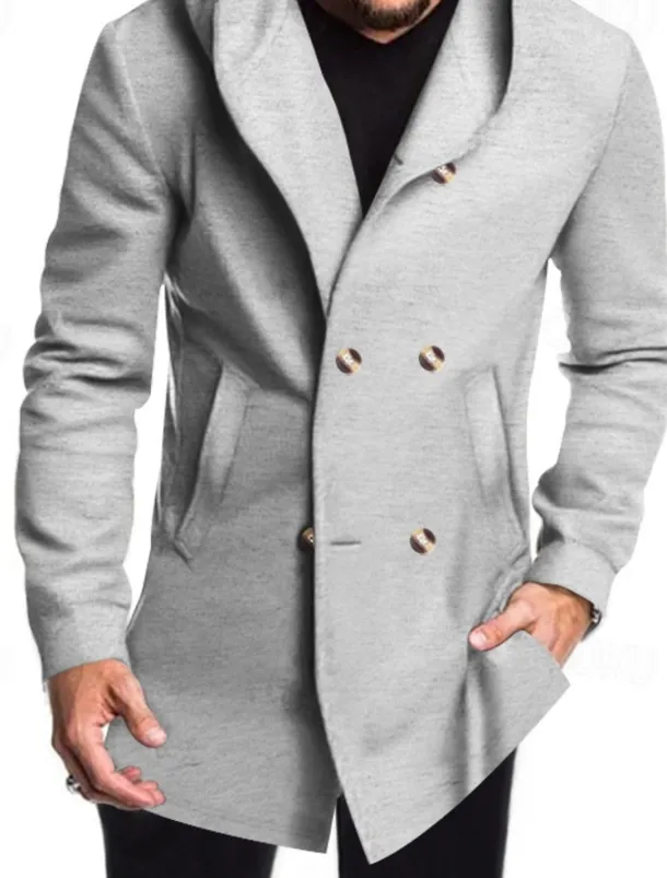 Men's Peacoat Trench Coat Daily Vacation Fall & Winter Polyester Soft Outerwear Clothing Apparel Fashion Classic Plain Pocket Hooded Double Breasted