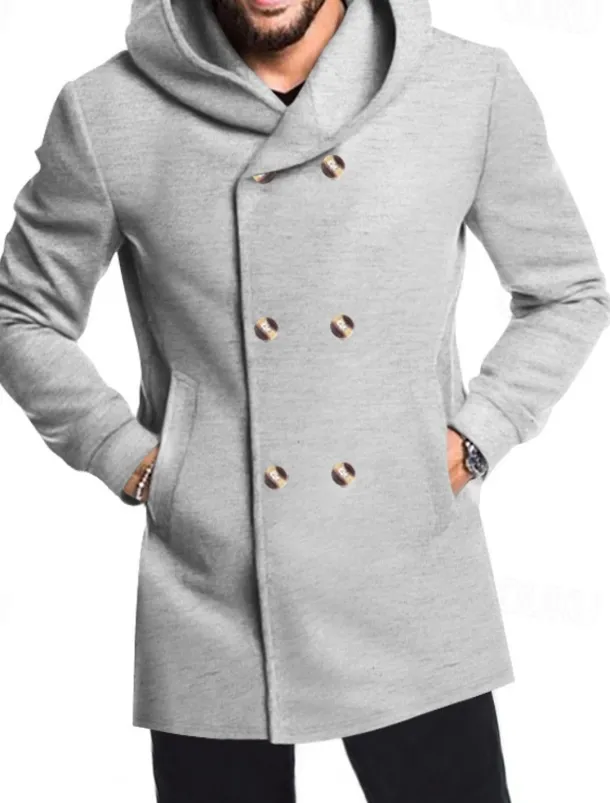 Men's Peacoat Trench Coat Daily Vacation Fall & Winter Polyester Soft Outerwear Clothing Apparel Fashion Classic Plain Pocket Hooded Double Breasted
