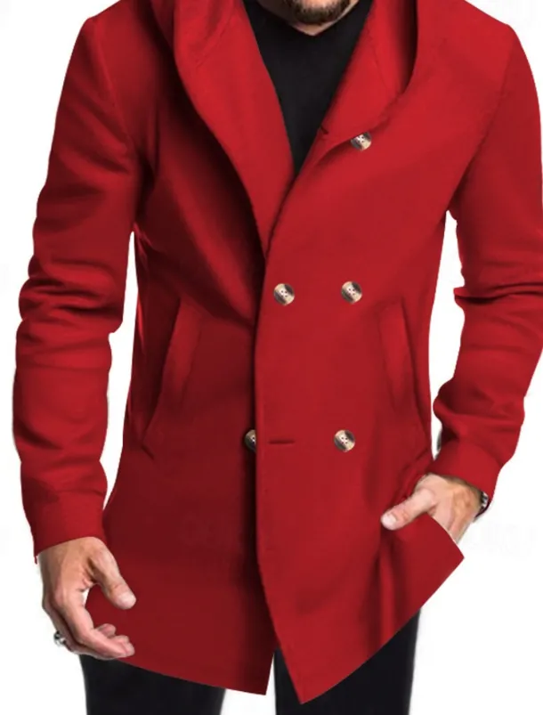 Men's Peacoat Trench Coat Daily Vacation Fall & Winter Polyester Soft Outerwear Clothing Apparel Fashion Classic Plain Pocket Hooded Double Breasted