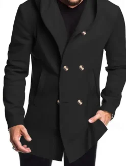 Men's Peacoat Trench Coat Daily Vacation Fall & Winter Polyester Soft Outerwear Clothing Apparel Fashion Classic Plain Pocket Hooded Double Breasted