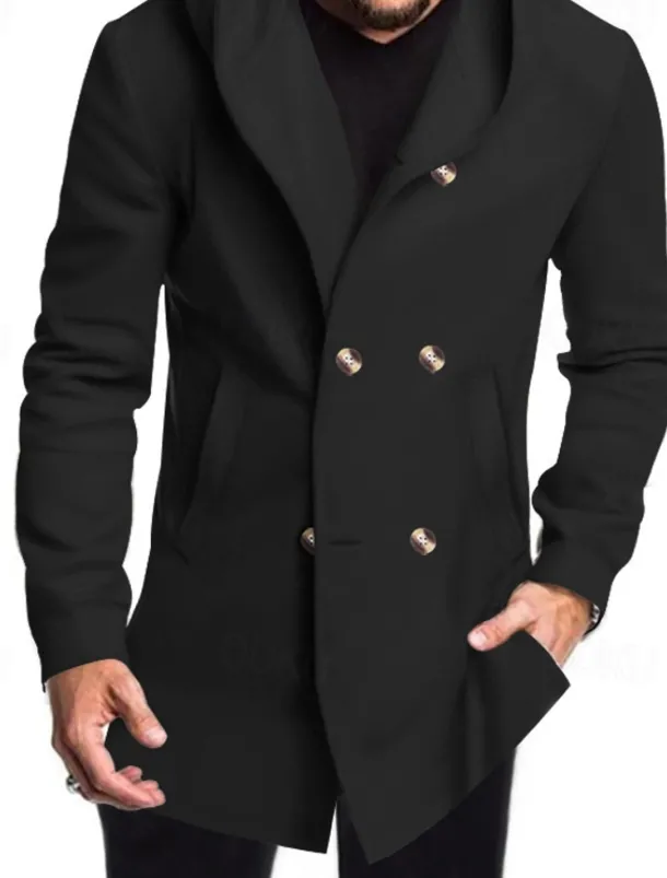 Men's Peacoat Trench Coat Daily Vacation Fall & Winter Polyester Soft Outerwear Clothing Apparel Fashion Classic Plain Pocket Hooded Double Breasted