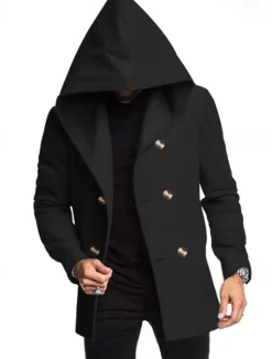 Men's Peacoat Trench Coat Daily Vacation Fall & Winter Polyester Soft Outerwear Clothing Apparel Fashion Classic Plain Pocket Hooded Double Breasted