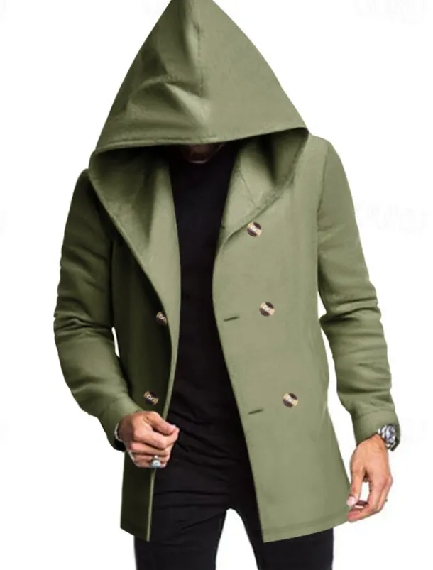 Men's Peacoat Trench Coat Daily Vacation Fall & Winter Polyester Soft Outerwear Clothing Apparel Fashion Classic Plain Pocket Hooded Double Breasted