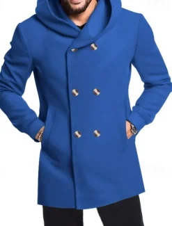Men's Peacoat Trench Coat Daily Vacation Fall & Winter Polyester Soft Outerwear Clothing Apparel Fashion Classic Plain Pocket Hooded Double Breasted