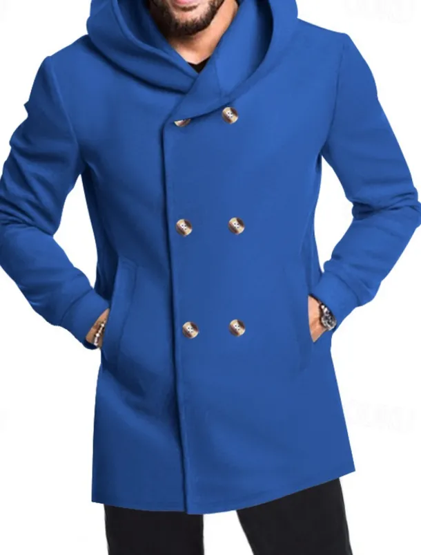 Men's Peacoat Trench Coat Daily Vacation Fall & Winter Polyester Soft Outerwear Clothing Apparel Fashion Classic Plain Pocket Hooded Double Breasted
