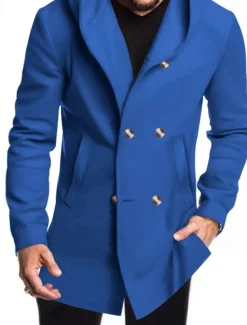 Men's Peacoat Trench Coat Daily Vacation Fall & Winter Polyester Soft Outerwear Clothing Apparel Fashion Classic Plain Pocket Hooded Double Breasted