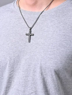 Men's Pendant Necklace Steel color and steel color flower blue chain Stainless Steel Cross