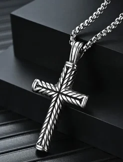 Men's Pendant Necklace Steel color and steel color flower blue chain Stainless Steel Cross