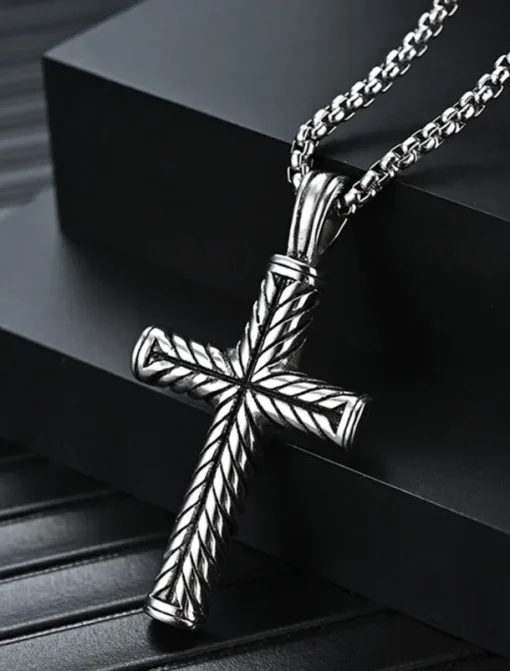 Men's Pendant Necklace Steel color and steel color flower blue chain Stainless Steel Cross