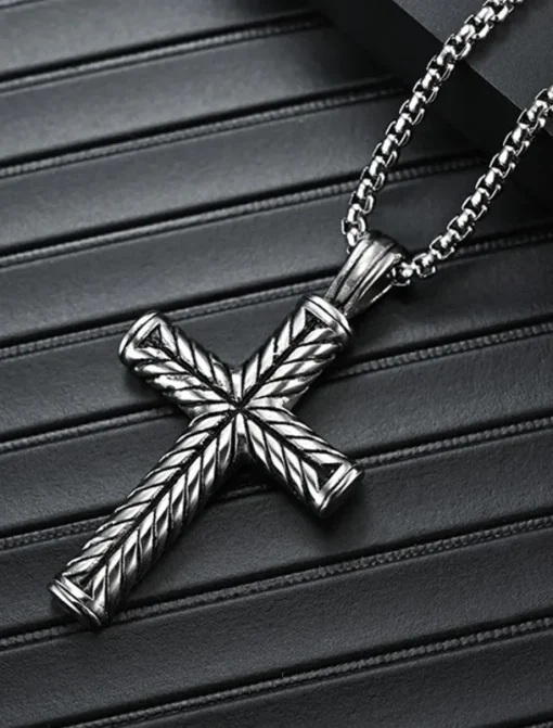 Men's Pendant Necklace Steel color and steel color flower blue chain Stainless Steel Cross