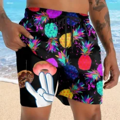 Men's Pineapple Funny Donuts Lined Shorts 2 in 1 Board Shorts Swim Shorts Mid Waist Hawaiian Vacation Holiday Beach Wear Side Pockets With Compression Liner Elastic Drawstring Waist Designer Clothing