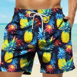 Men's Pineapple Swim Trunks Swim Shorts Board Shorts Mid Waist Vacation Hawaiian Holiday Vacation Holiday Beach Drawstring with Mesh lining Elastic Waist Designer Clothing Apparel