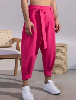 Men's Pink Pants Cropped Pants Harem Pants Casual Pants Pocket Elastic Waist Plain Comfort Breathable Ankle-Length Casual Daily Holiday Stylish Classic Style Black Pink