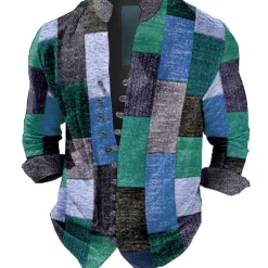 Men's Plaid / Check Geometric Pattern Geometry Shirt Button Up Shirt Long Sleeve Fashion Streetwear Designer Outdoor Casual Daily Summer Spring Fall Stand Collar Print Light Green Red Blue Purple