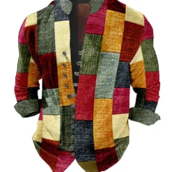 Men's Plaid / Check Geometric Pattern Geometry Shirt Button Up Shirt Long Sleeve Fashion Streetwear Designer Outdoor Casual Daily Summer Spring Fall Stand Collar Print Light Green Red Blue Purple