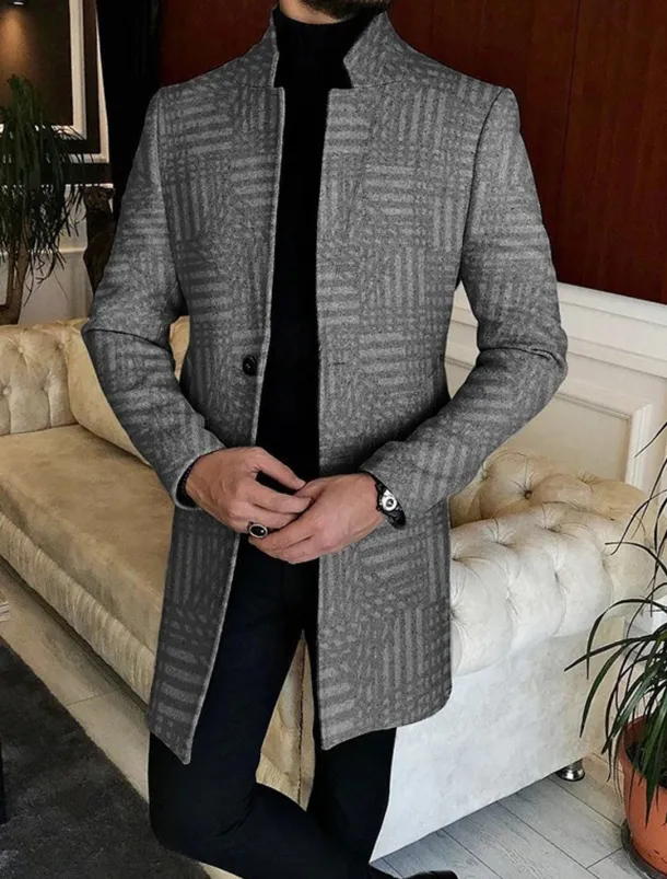 Men's Plaid / Check Geometry Winter Coat Overcoat Coat Warm Breathable Comfortable Fashion Streetwear Business Work Wear to work Going out Pocket Print Fall & Winter Turndown Long Sleeve Black Gray