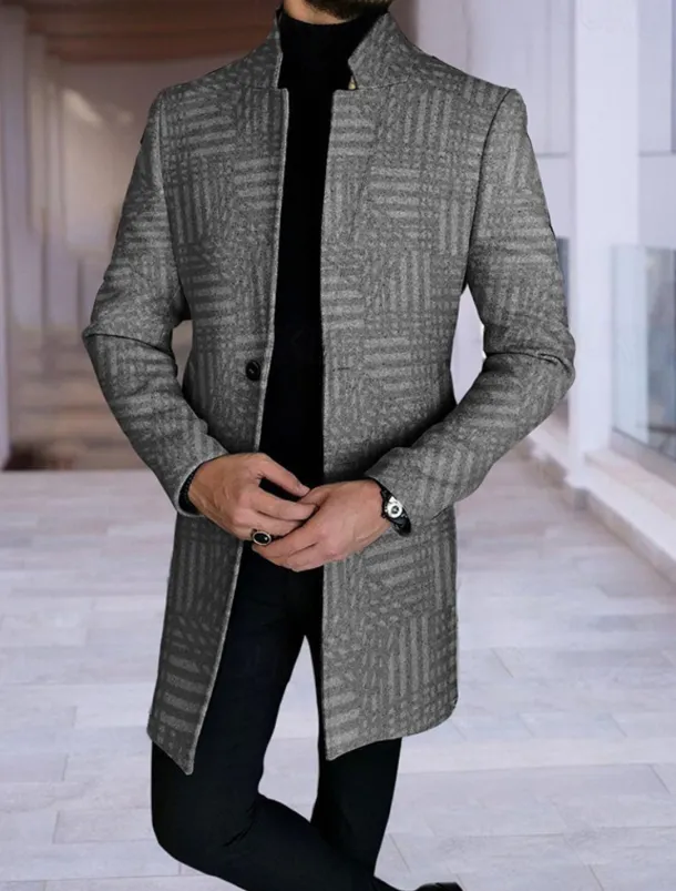 Men's Plaid / Check Geometry Winter Coat Overcoat Coat Warm Breathable Comfortable Fashion Streetwear Business Work Wear to work Going out Pocket Print Fall & Winter Turndown Long Sleeve Black Gray