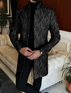 Men's Plaid / Check Geometry Winter Coat Overcoat Coat Warm Breathable Comfortable Fashion Streetwear Business Work Wear to work Going out Pocket Print Fall & Winter Turndown Long Sleeve Black Gray