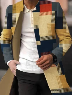 Men's Plaid / Check Graphic Prints Geometry Winter Coat Overcoat Coat Warm Breathable Comfortable Fashion Streetwear Business Work Wear to work Going out Pocket Print Fall & Winter Turndown Long