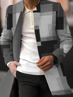 Men's Plaid / Check Graphic Prints Geometry Winter Coat Overcoat Coat Warm Breathable Comfortable Fashion Streetwear Business Work Wear to work Going out Pocket Print Fall & Winter Turndown Long