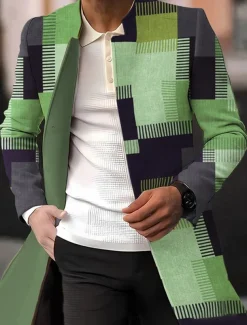 Men's Plaid / Check Graphic Prints Geometry Winter Coat Overcoat Coat Warm Breathable Comfortable Fashion Streetwear Business Work Wear to work Going out Pocket Print Fall & Winter Turndown Long