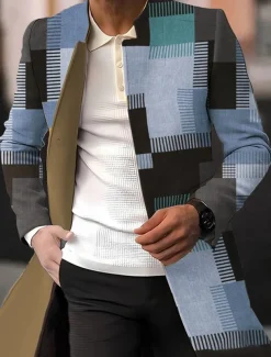 Men's Plaid / Check Graphic Prints Geometry Winter Coat Overcoat Coat Warm Breathable Comfortable Fashion Streetwear Business Work Wear to work Going out Pocket Print Fall & Winter Turndown Long