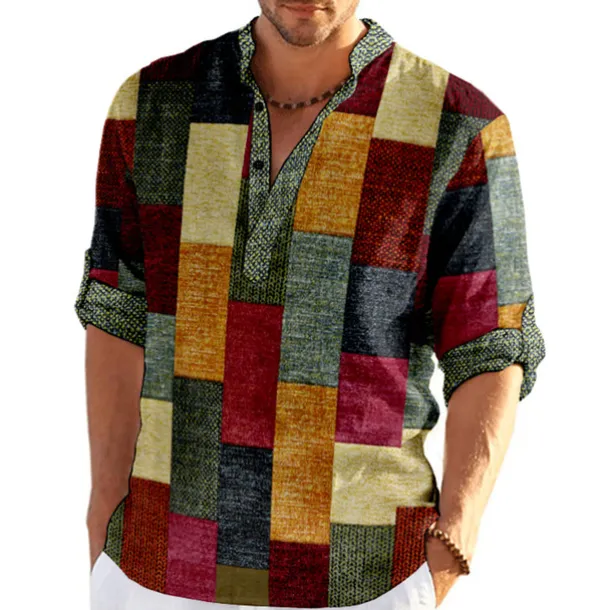 Men's Plaid / Check Patchwork Geometric Pattern Shirt Button Up Shirt Long Sleeve Fashion Streetwear Designer Casual Going out Summer Spring Fall Stand Collar Print Khaki+Khaki Black White Yellow