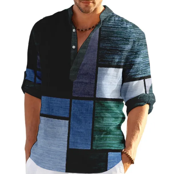 Men's Plaid / Check Patchwork Geometric Pattern Shirt Button Up Shirt Long Sleeve Fashion Streetwear Designer Casual Going out Summer Spring Fall Stand Collar Print Khaki+Khaki Black White Yellow