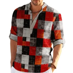 Men's Plaid / Check Patchwork Geometric Pattern Shirt Button Up Shirt Long Sleeve Fashion Streetwear Designer Casual Going out Summer Spring Fall Stand Collar Print Khaki+Khaki Black White Yellow