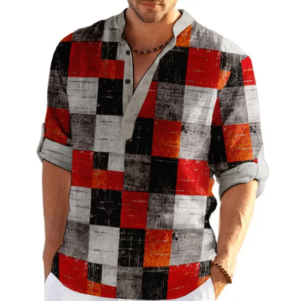 Men's Plaid / Check Patchwork Geometric Pattern Shirt Button Up Shirt Long Sleeve Fashion Streetwear Designer Casual Going out Summer Spring Fall Stand Collar Print Khaki+Khaki Black White Yellow