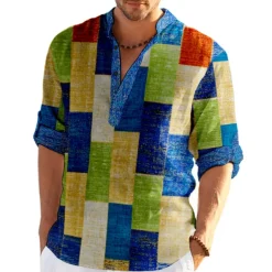 Men's Plaid / Check Patchwork Geometric Pattern Shirt Button Up Shirt Long Sleeve Fashion Streetwear Designer Casual Going out Summer Spring Fall Stand Collar Print Khaki+Khaki Black White Yellow