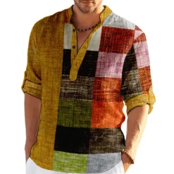 Men's Plaid / Check Patchwork Geometric Pattern Shirt Button Up Shirt Long Sleeve Fashion Streetwear Designer Casual Going out Summer Spring Fall Stand Collar Print Khaki+Khaki Black White Yellow