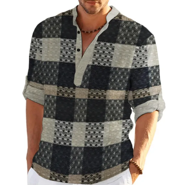 Men's Plaid / Check Patchwork Geometric Pattern Shirt Button Up Shirt Long Sleeve Fashion Streetwear Designer Casual Going out Summer Spring Fall Stand Collar Print Khaki+Khaki Black White Yellow