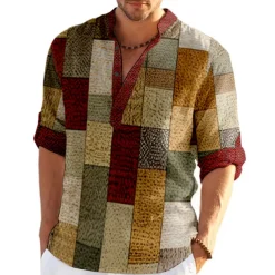 Men's Plaid / Check Patchwork Geometric Pattern Shirt Button Up Shirt Long Sleeve Fashion Streetwear Designer Casual Going out Summer Spring Fall Stand Collar Print Khaki+Khaki Black White Yellow