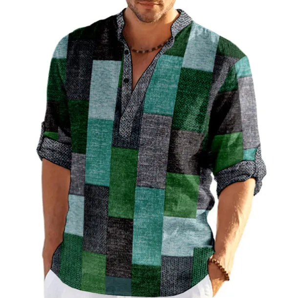 Men's Plaid / Check Patchwork Geometric Pattern Shirt Button Up Shirt Long Sleeve Fashion Streetwear Designer Casual Going out Summer Spring Fall Stand Collar Print Khaki+Khaki Black White Yellow