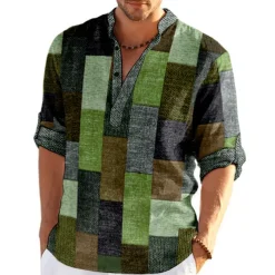 Men's Plaid / Check Patchwork Geometric Pattern Shirt Button Up Shirt Long Sleeve Fashion Streetwear Designer Casual Going out Summer Spring Fall Stand Collar Print Khaki+Khaki Black White Yellow