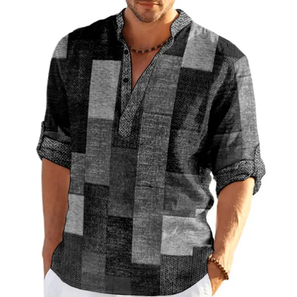 Men's Plaid / Check Patchwork Geometric Pattern Shirt Button Up Shirt Long Sleeve Fashion Streetwear Designer Casual Going out Summer Spring Fall Stand Collar Print Khaki+Khaki Black White Yellow