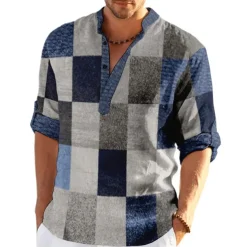 Men's Plaid / Check Patchwork Geometric Pattern Shirt Button Up Shirt Long Sleeve Fashion Streetwear Designer Casual Going out Summer Spring Fall Stand Collar Print Khaki+Khaki Black White Yellow