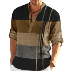 Men's Plaid / Check Patchwork Geometric Pattern Shirt Button Up Shirt Long Sleeve Fashion Streetwear Designer Casual Going out Summer Spring Fall Stand Collar Print Khaki+Khaki Black White Yellow