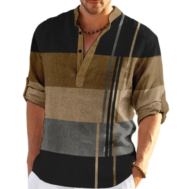 Men's Plaid / Check Patchwork Geometric Pattern Shirt Button Up Shirt Long Sleeve Fashion Streetwear Designer Casual Going out Summer Spring Fall Stand Collar Print Khaki+Khaki Black White Yellow