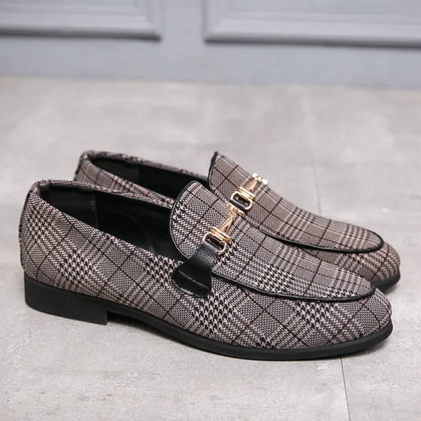 Men's Plaid Fabric Loafers with Metal Buckle – Stylish Slip-On Shoes for Business, Weddings, and Smart-Casual Outfits