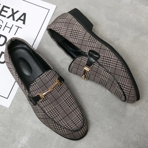 Men's Plaid Fabric Loafers with Metal Buckle – Stylish Slip-On Shoes for Business, Weddings, and Smart-Casual Outfits
