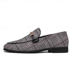 Men's Plaid Fabric Loafers with Metal Buckle – Stylish Slip-On Shoes for Business, Weddings, and Smart-Casual Outfits