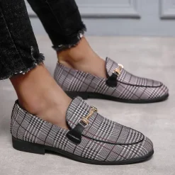 Men's Plaid Fabric Loafers with Metal Buckle – Stylish Slip-On Shoes for Business, Weddings, and Smart-Casual Outfits