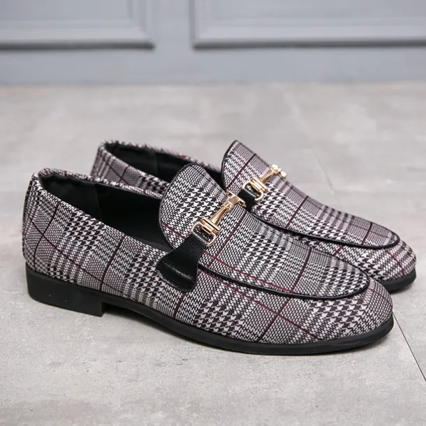 Men's Plaid Fabric Loafers with Metal Buckle – Stylish Slip-On Shoes for Business, Weddings, and Smart-Casual Outfits