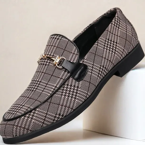 Men's Plaid Fabric Loafers with Metal Buckle – Stylish Slip-On Shoes for Business, Weddings, and Smart-Casual Outfits