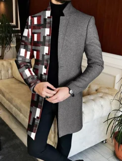 Men's Plaid Geometry Winter Coat Overcoat Coat Warm Breathable Comfortable Fashion Streetwear Business Work Wear to work Going out Pocket Print Fall & Winter Turndown Long Sleeve Blue Purple khaki